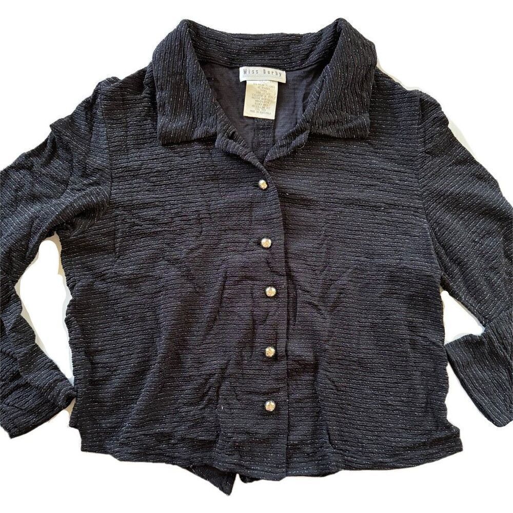 Miss Dorby women’s L black shimmer metallic striped blouse long sleeve collared